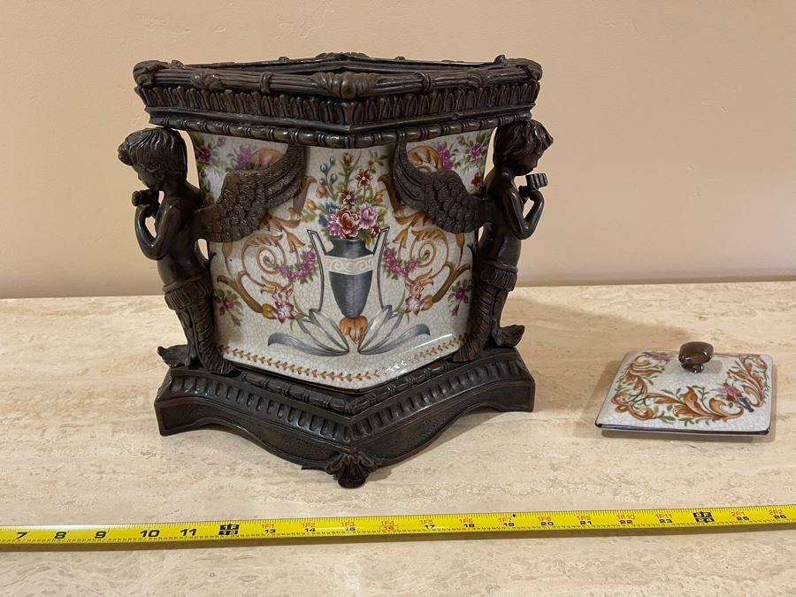 JUST ADDED - Castilian Metal And Porcelain Lidded Jar Flanked By Pair Of Cherubs 12W X 9D X 12H [Photo 9]