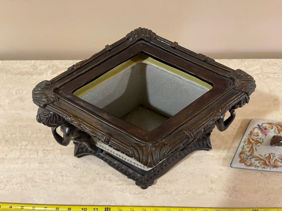 JUST ADDED - Castilian Metal And Porcelain Lidded Jar Flanked By Pair Of Cherubs 12W X 9D X 12H [Photo 11]