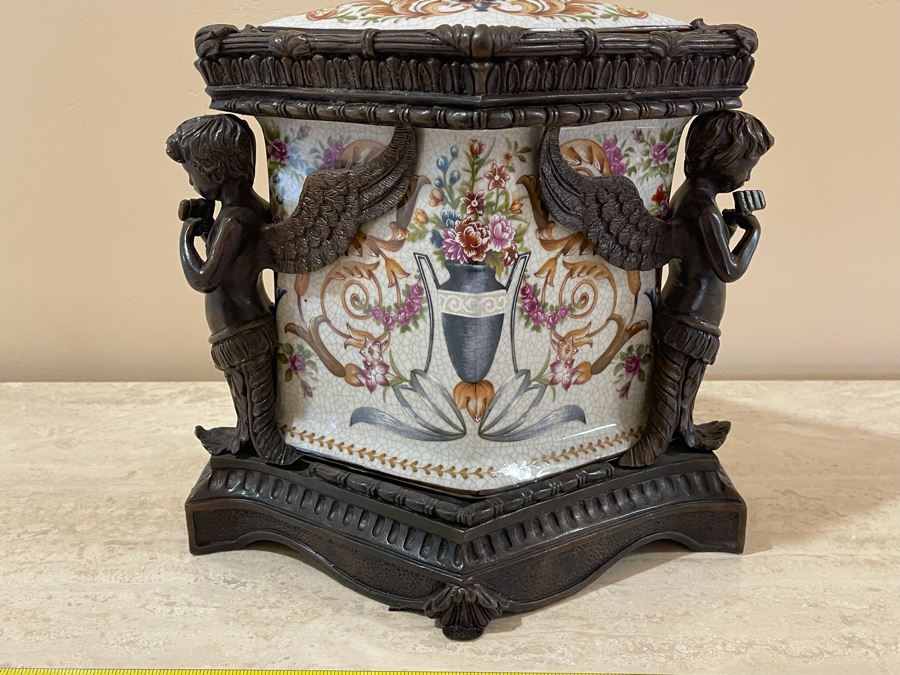 JUST ADDED - Castilian Metal And Porcelain Lidded Jar Flanked By Pair Of Cherubs 12W X 9D X 12H [Photo 3]