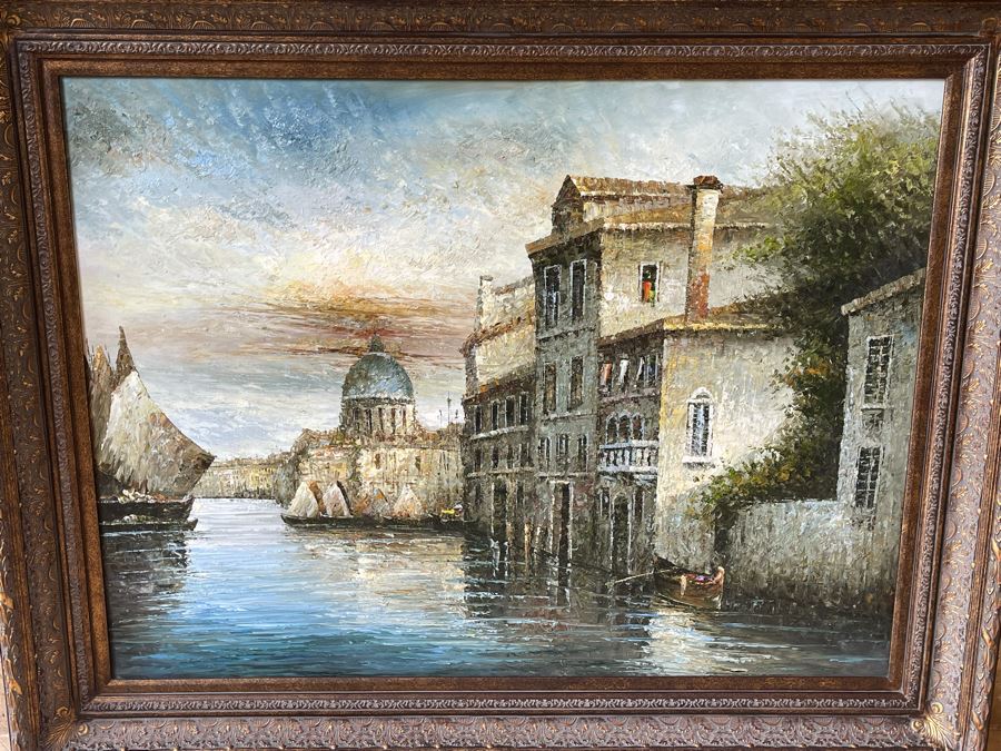JUST ADDED - Large Framed Original Oil Painting On 4' X 3' Canvas Of Venetian Canal Scene With Certificate Of Authenticity [Photo 4]