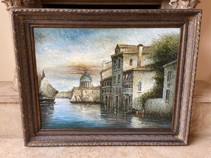 JUST ADDED - Large Framed Original Oil Painting On 4' X 3' Canvas Of Venetian Canal Scene With Certificate Of Authenticity