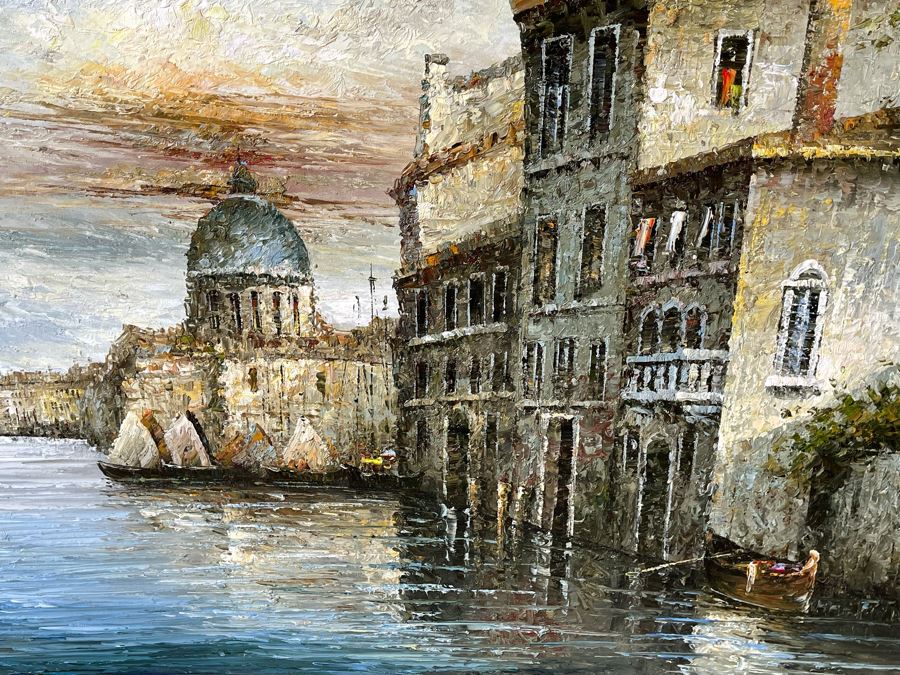 JUST ADDED - Large Framed Original Oil Painting On 4' X 3' Canvas Of Venetian Canal Scene With Certificate Of Authenticity [Photo 5]