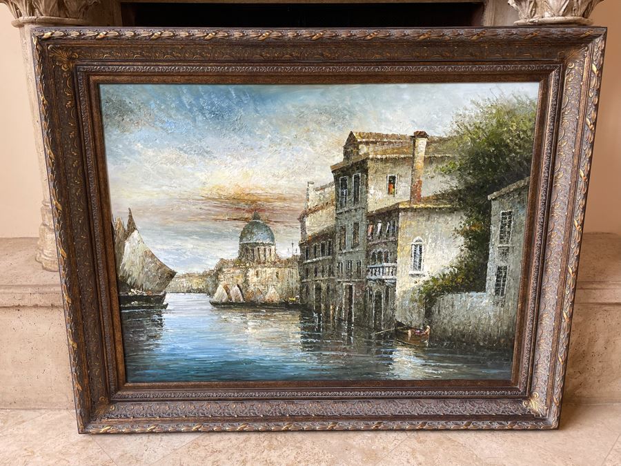 JUST ADDED - Large Framed Original Oil Painting On 4' X 3' Canvas Of Venetian Canal Scene With Certificate Of Authenticity [Photo 3]