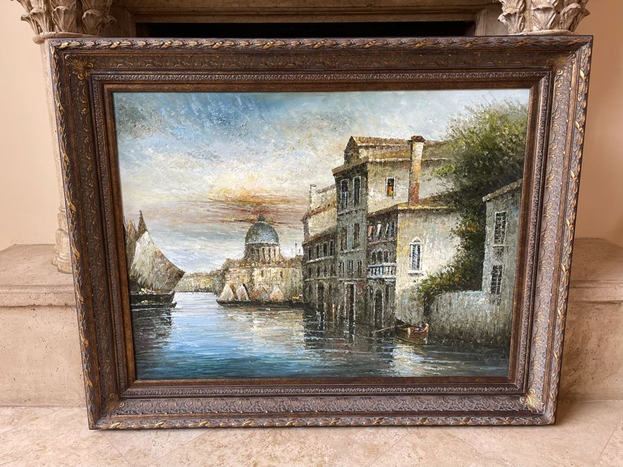 JUST ADDED - Large Framed Original Oil Painting On 4' X 3' Canvas Of Venetian Canal Scene With Certificate Of Authenticity [Photo 2]