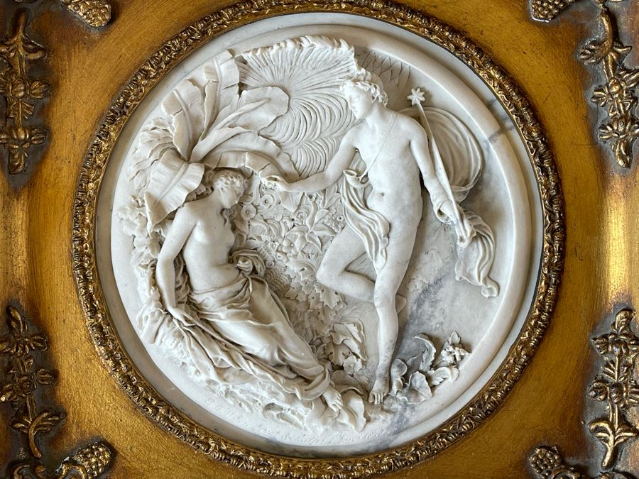 JUST ADDED - Antique Edward Wyon Relief Marble Wall Gilt Framed Plaque Perfugium Regibus 1848 12W X 12H [Photo 4]