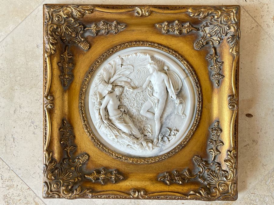 JUST ADDED - Antique Edward Wyon Relief Marble Wall Gilt Framed Plaque Perfugium Regibus 1848 12W X 12H