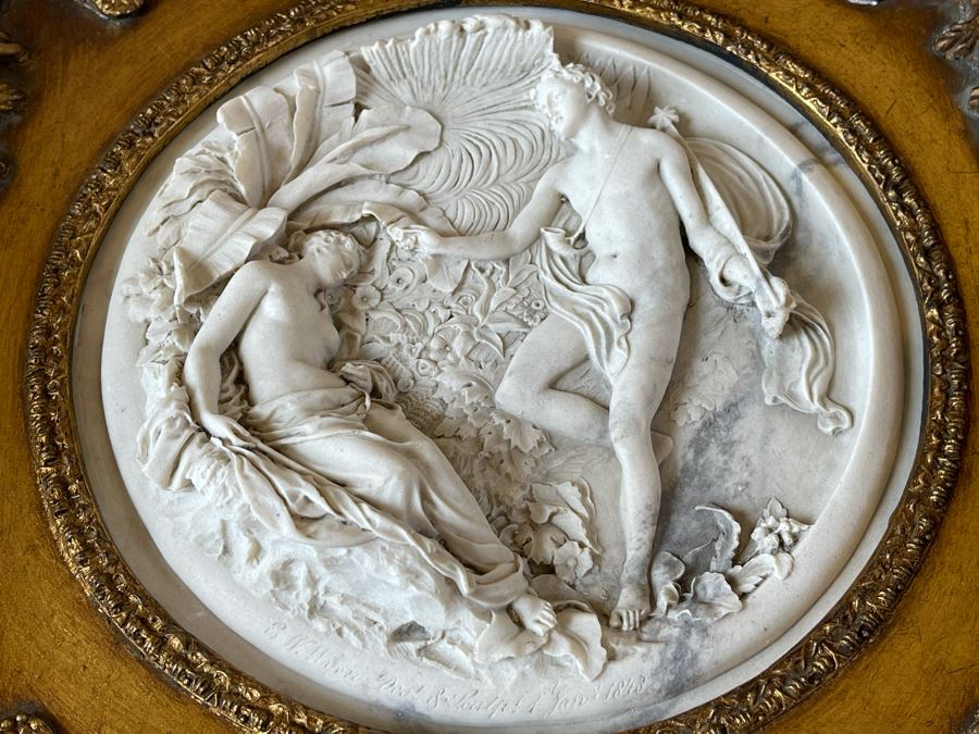 JUST ADDED - Antique Edward Wyon Relief Marble Wall Gilt Framed Plaque Perfugium Regibus 1848 12W X 12H [Photo 5]