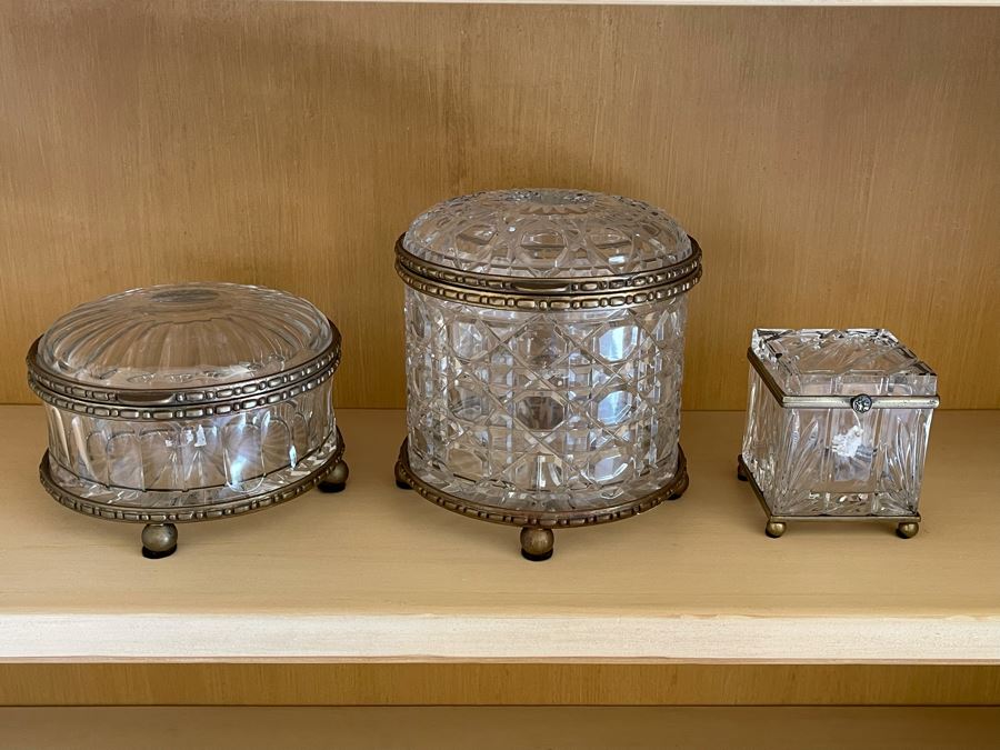 JUST ADDED - Set Of Three Metal Footed Crystal Boxes Made In Poland By Castilian Imports [Photo 5]