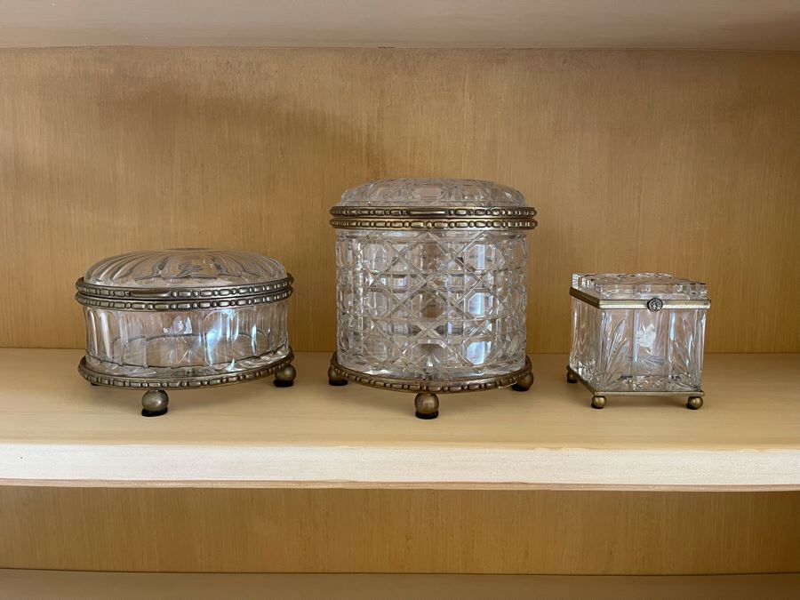 JUST ADDED - Set Of Three Metal Footed Crystal Boxes Made In Poland By Castilian Imports [Photo 3]