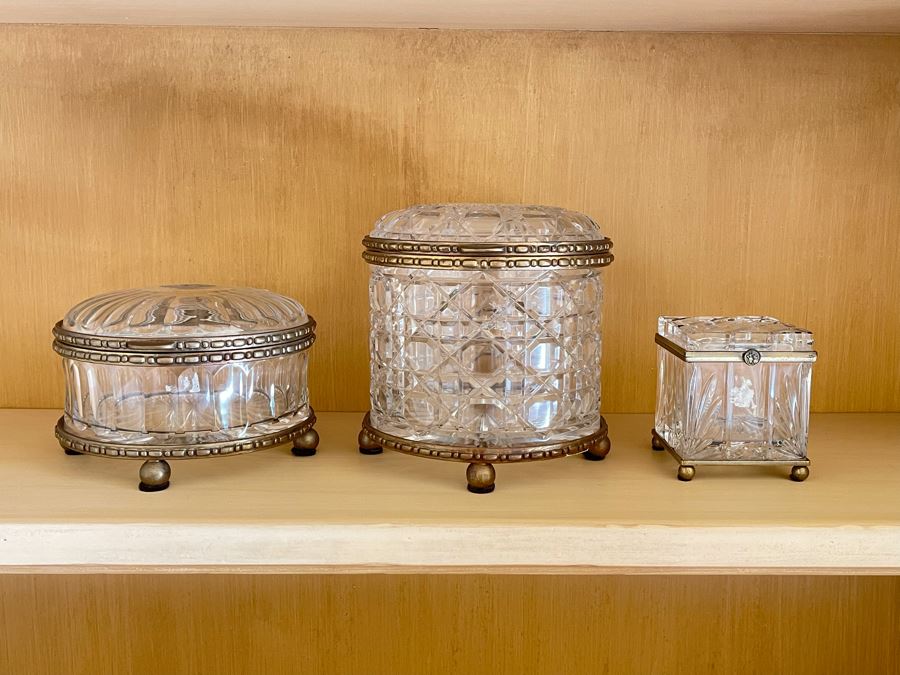 JUST ADDED - Set Of Three Metal Footed Crystal Boxes Made In Poland By Castilian Imports