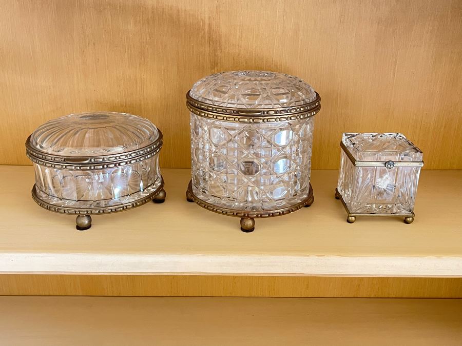 JUST ADDED - Set Of Three Metal Footed Crystal Boxes Made In Poland By Castilian Imports [Photo 4]