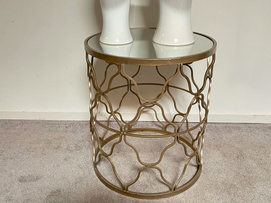 JUST ADDED - Gold Metal Table With Mirrored Top 18W X 20.5H And Pair Of White Vases (Shadow Shown On Vases) - Vases Retailed $89 [Photo 3]