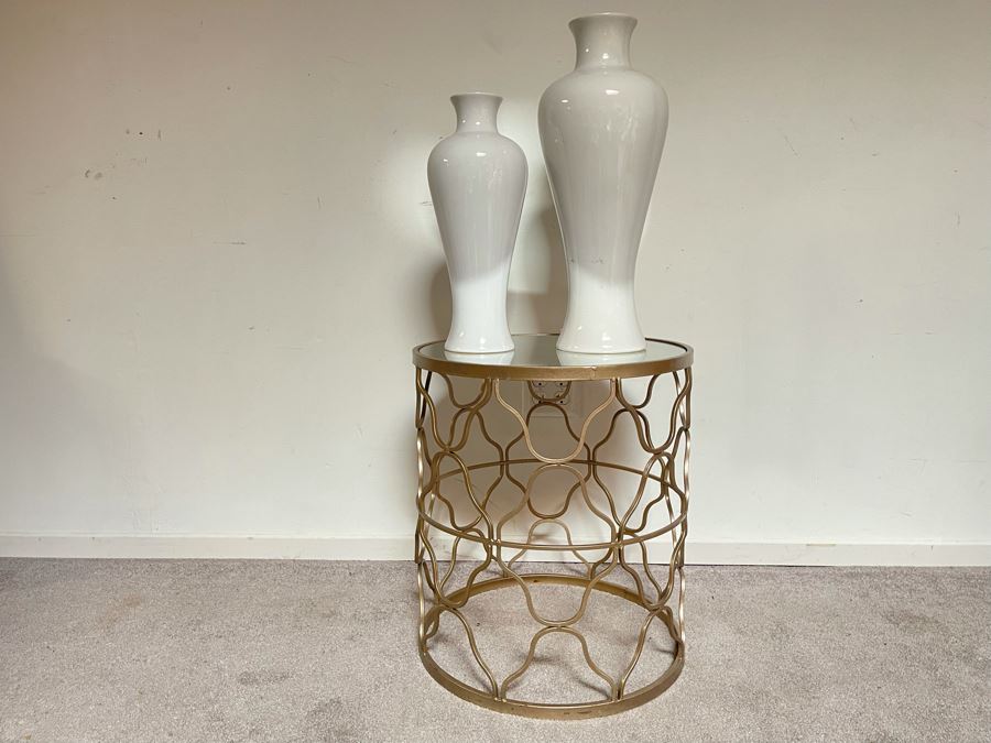 JUST ADDED - Gold Metal Table With Mirrored Top 18W X 20.5H And Pair Of White Vases (Shadow Shown On Vases) - Vases Retailed $89