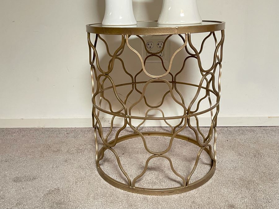 JUST ADDED - Gold Metal Table With Mirrored Top 18W X 20.5H And Pair Of White Vases (Shadow Shown On Vases) - Vases Retailed $89 [Photo 4]