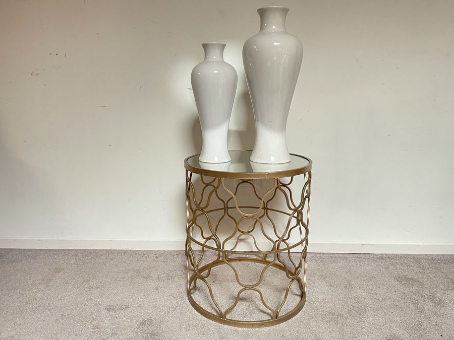 JUST ADDED - Gold Metal Table With Mirrored Top 18W X 20.5H And Pair Of White Vases (Shadow Shown On Vases) - Vases Retailed $89 [Photo 2]