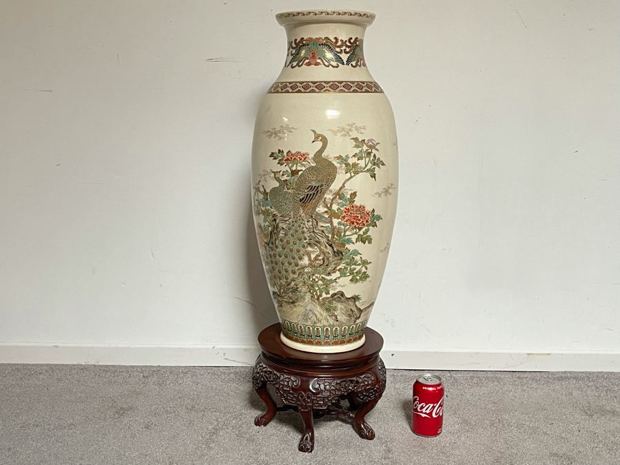 JUST ADDED - Large Signed Japanese Imperial Satsuma Vase With Peacock Design (Has Hole Drilled In Bottom) With Chinese Wooden Stand 28H X 11W [Photo 1]