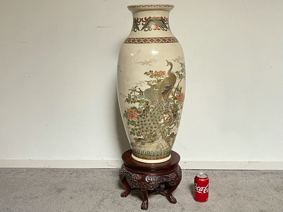 JUST ADDED - Large Signed Japanese Imperial Satsuma Vase With Peacock Design (Has Hole Drilled In Bottom) With Chinese Wooden Stand 28H X 11W [Photo 6]