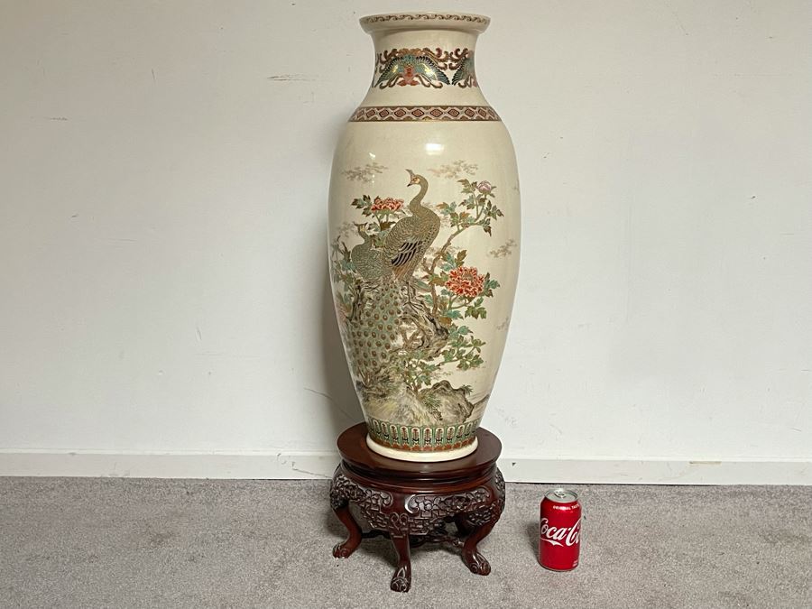 JUST ADDED - Large Signed Japanese Imperial Satsuma Vase With Peacock Design (Has Hole Drilled In Bottom) With Chinese Wooden Stand 28H X 11W [Photo 5]