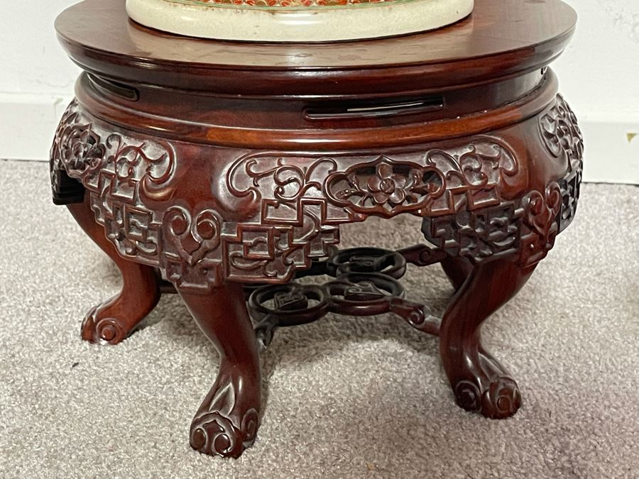 JUST ADDED - Large Signed Japanese Imperial Satsuma Vase With Peacock Design (Has Hole Drilled In Bottom) With Chinese Wooden Stand 28H X 11W [Photo 16]