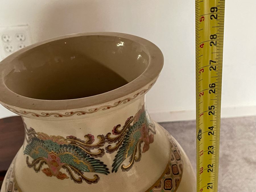 JUST ADDED - Large Signed Japanese Imperial Satsuma Vase With Peacock Design (Has Hole Drilled In Bottom) With Chinese Wooden Stand 28H X 11W [Photo 31]