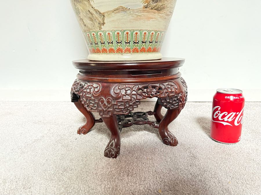 JUST ADDED - Large Signed Japanese Imperial Satsuma Vase With Peacock Design (Has Hole Drilled In Bottom) With Chinese Wooden Stand 28H X 11W [Photo 18]