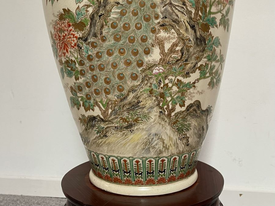 JUST ADDED - Large Signed Japanese Imperial Satsuma Vase With Peacock Design (Has Hole Drilled In Bottom) With Chinese Wooden Stand 28H X 11W [Photo 8]