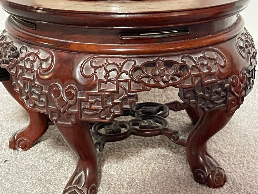 JUST ADDED - Large Signed Japanese Imperial Satsuma Vase With Peacock Design (Has Hole Drilled In Bottom) With Chinese Wooden Stand 28H X 11W [Photo 15]