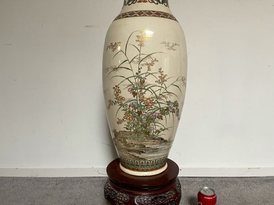 JUST ADDED - Large Signed Japanese Imperial Satsuma Vase With Peacock Design (Has Hole Drilled In Bottom) With Chinese Wooden Stand 28H X 11W [Photo 19]