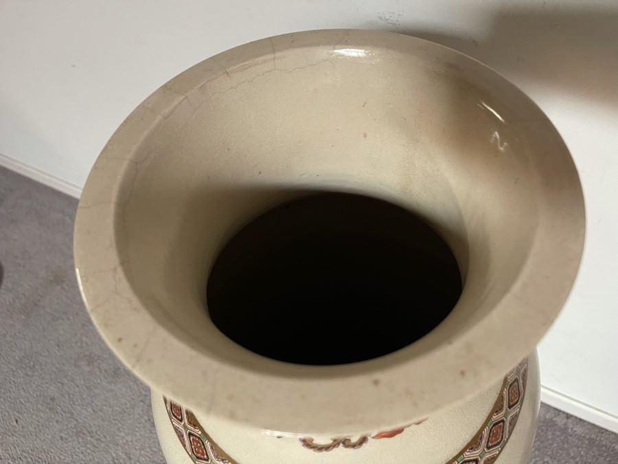 JUST ADDED - Large Signed Japanese Imperial Satsuma Vase With Peacock Design (Has Hole Drilled In Bottom) With Chinese Wooden Stand 28H X 11W [Photo 26]