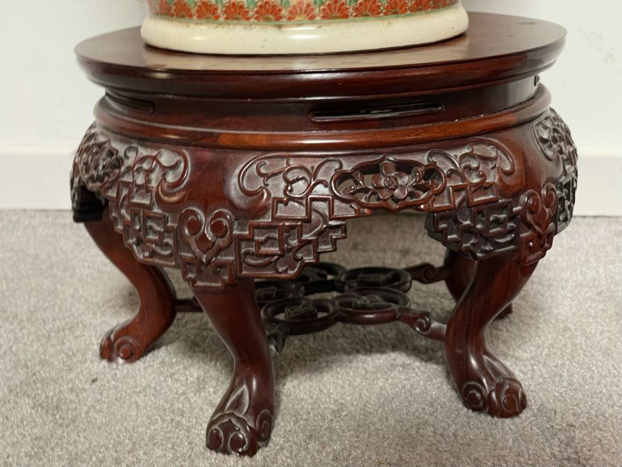 JUST ADDED - Large Signed Japanese Imperial Satsuma Vase With Peacock Design (Has Hole Drilled In Bottom) With Chinese Wooden Stand 28H X 11W [Photo 17]
