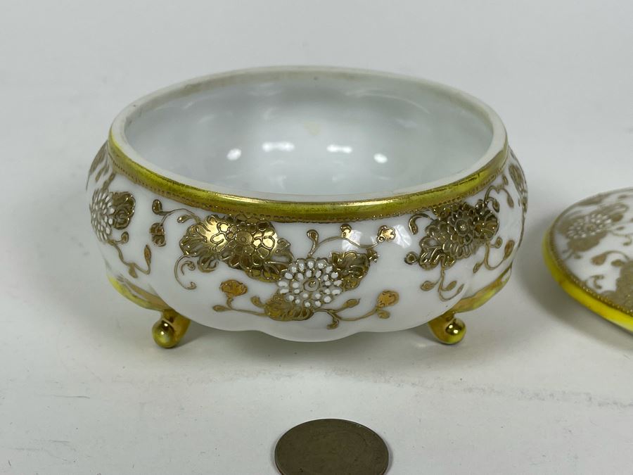 Nippon Japan Hand Painted Lidded Dresser Box 4.5R X 2.5H [Photo 5]