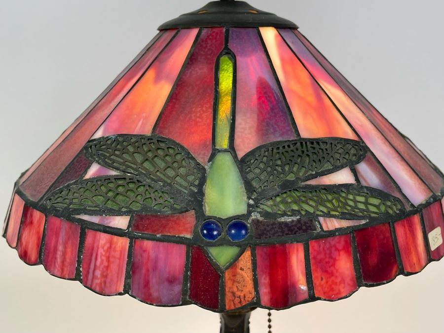 Contemporary Table Lamp With Stained Glass Dragonfly Shade And Metal Base 18H X 12W [Photo 5]