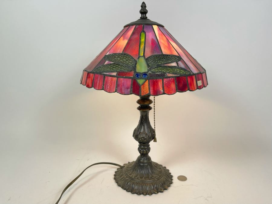 Contemporary Table Lamp With Stained Glass Dragonfly Shade And Metal Base 18H X 12W [Photo 2]