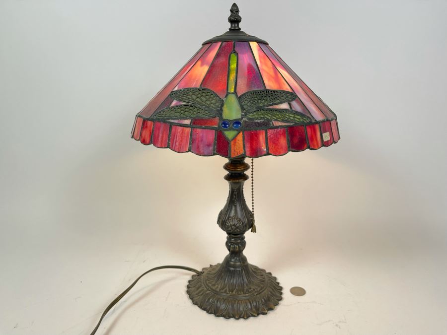 Contemporary Table Lamp With Stained Glass Dragonfly Shade And Metal Base 18H X 12W [Photo 1]