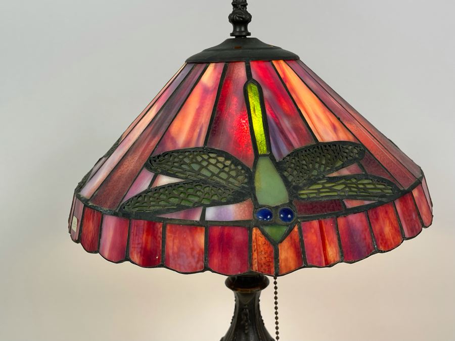 Contemporary Table Lamp With Stained Glass Dragonfly Shade And Metal Base 18H X 12W [Photo 9]