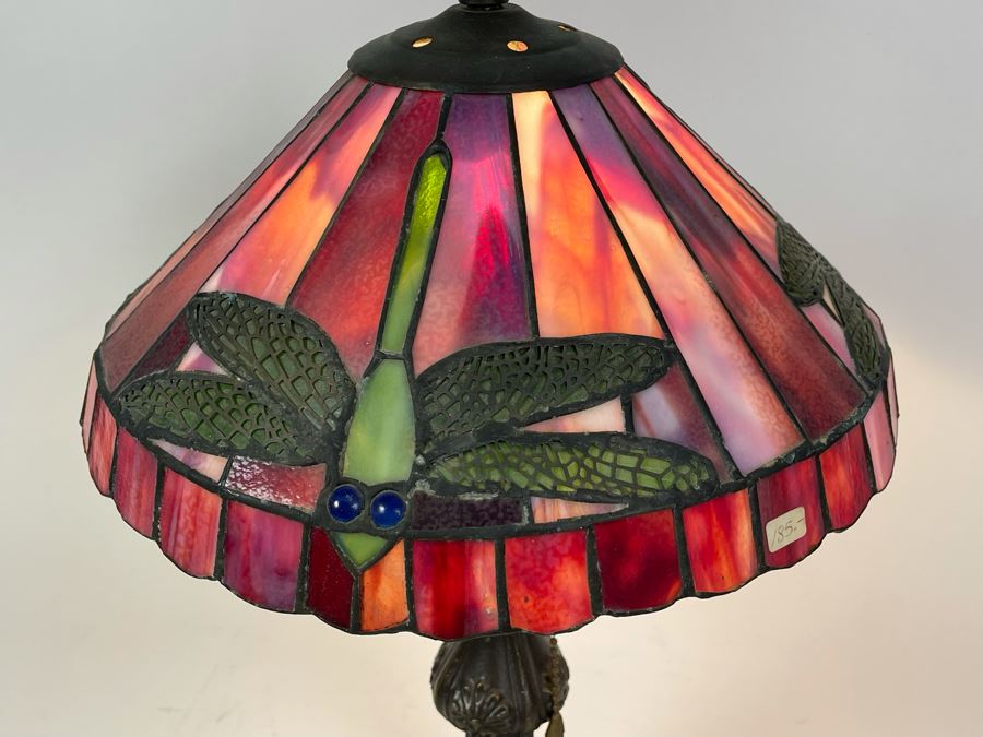 Contemporary Table Lamp With Stained Glass Dragonfly Shade And Metal Base 18H X 12W [Photo 7]