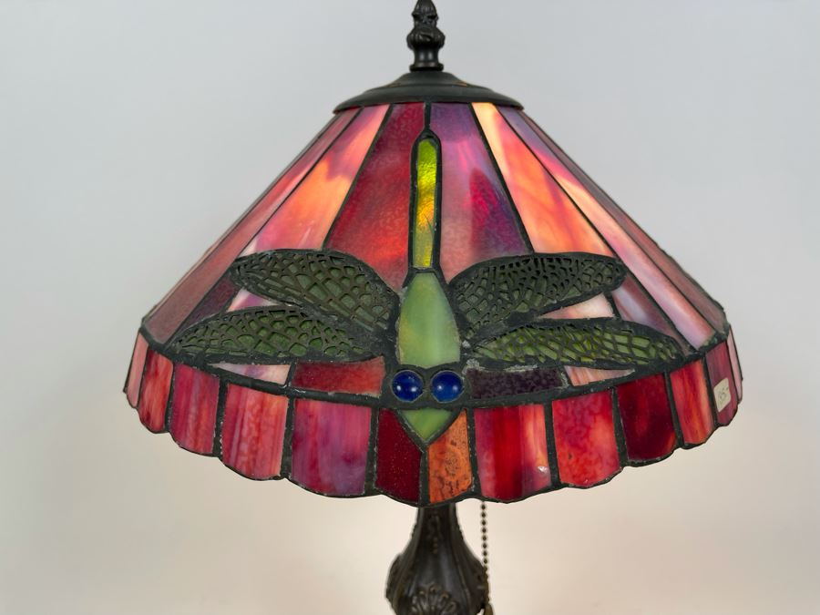 Contemporary Table Lamp With Stained Glass Dragonfly Shade And Metal Base 18H X 12W [Photo 4]