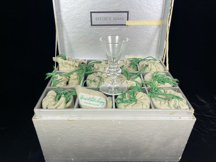 (12) Signed Steuben Clear Glass Stemware Bubble 4' Glasses With Original Boxes From Marshall Field & Company Steuben Glass Room [Photo 3]