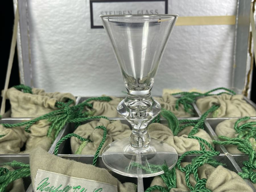 (12) Signed Steuben Clear Glass Stemware Bubble 4' Glasses With Original Boxes From Marshall Field & Company Steuben Glass Room [Photo 2]