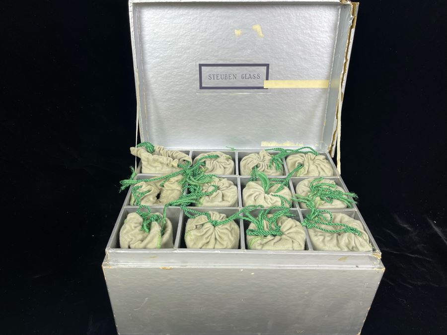 (12) Signed Steuben Clear Glass Stemware Bubble 4' Glasses With Original Boxes From Marshall Field & Company Steuben Glass Room [Photo 5]