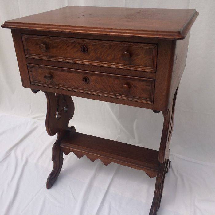 Antique Sewing Harp Table, Two Drawers, Mahogany
