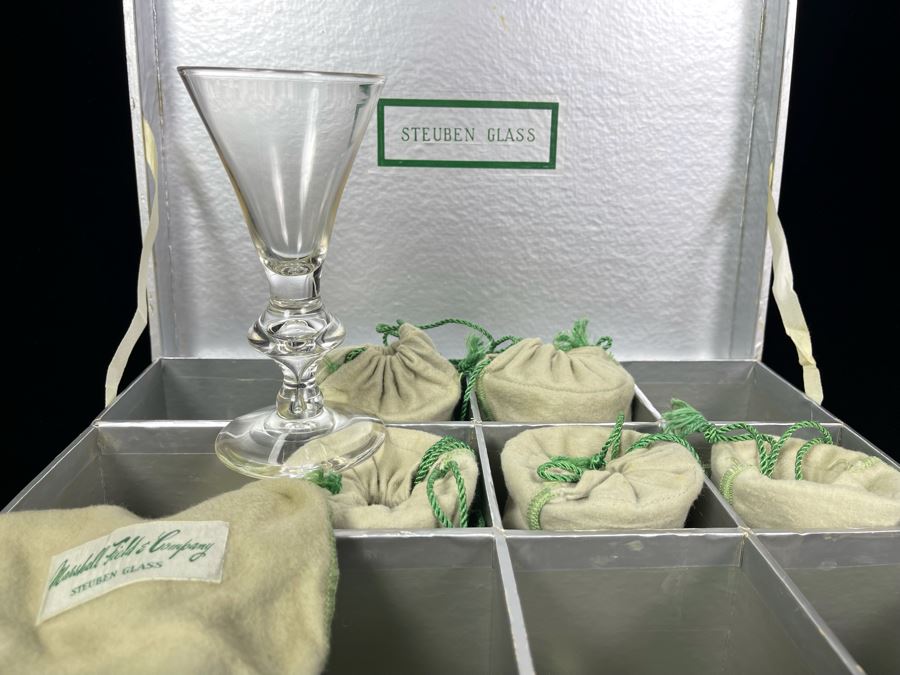 (6) Signed Steuben Clear Glass Stemware Bubble 5-3/4' Glasses With Original Boxes From Marshall Field & Company Steuben Glass Room [Photo 1]