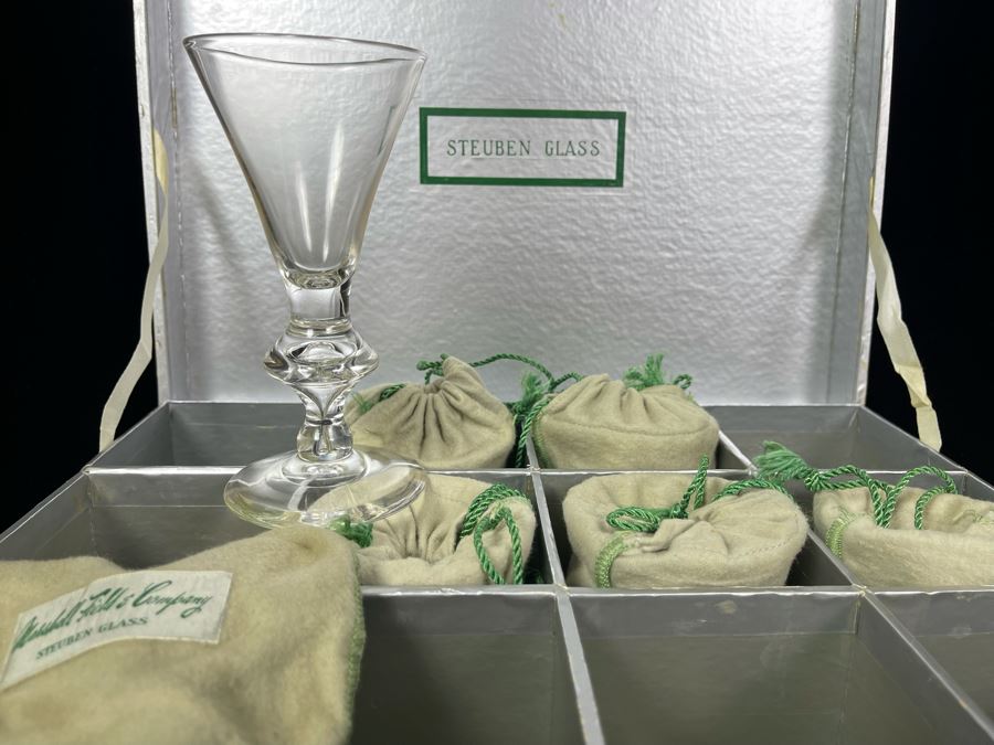 (6) Signed Steuben Clear Glass Stemware Bubble 5-3/4' Glasses With Original Boxes From Marshall Field & Company Steuben Glass Room [Photo 3]