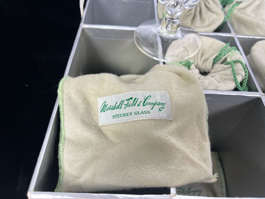 (6) Signed Steuben Clear Glass Stemware Bubble 5-3/4' Glasses With Original Boxes From Marshall Field & Company Steuben Glass Room [Photo 5]