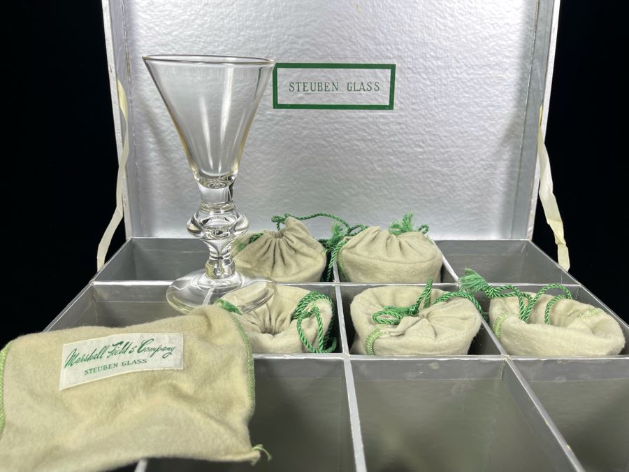 (6) Signed Steuben Clear Glass Stemware Bubble 5-3/4' Glasses With Original Boxes From Marshall Field & Company Steuben Glass Room [Photo 2]