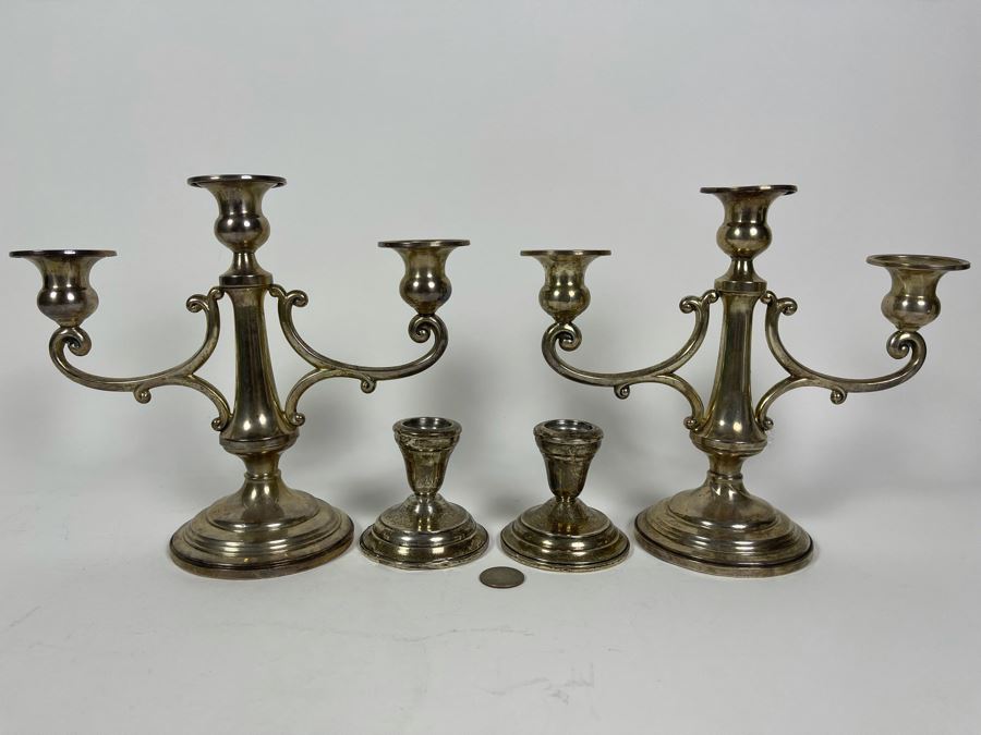 Pair Of Sterling Silver Weighted Candelabras 10W X 8.5H And Pair Of Sterling Silver Weighted Candle Holders [Photo 3]