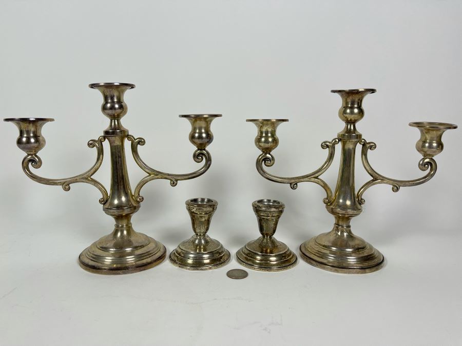 Pair Of Sterling Silver Weighted Candelabras 10W X 8.5H And Pair Of Sterling Silver Weighted Candle Holders [Photo 2]