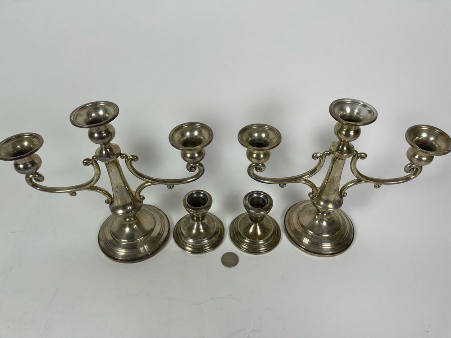 Pair Of Sterling Silver Weighted Candelabras 10W X 8.5H And Pair Of Sterling Silver Weighted Candle Holders [Photo 6]