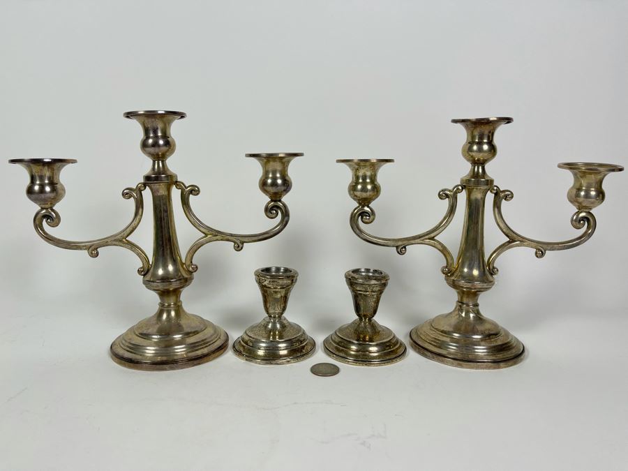 Pair Of Sterling Silver Weighted Candelabras 10W X 8.5H And Pair Of Sterling Silver Weighted Candle Holders