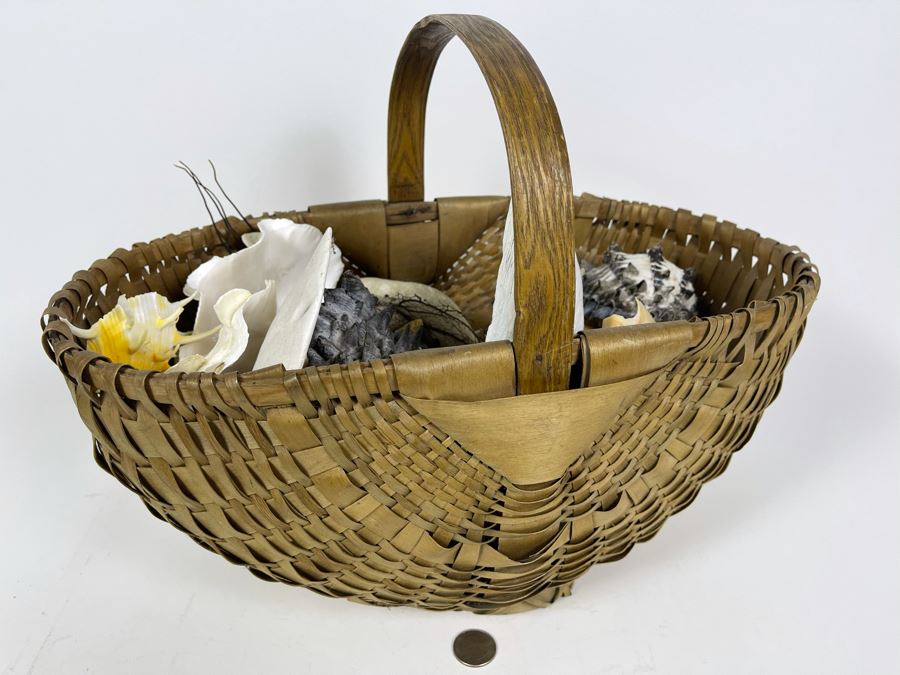 Vintage Woven Pennsylvania German Basket 16W X 9D X 13H Filled With Organic Seashells - See Photos